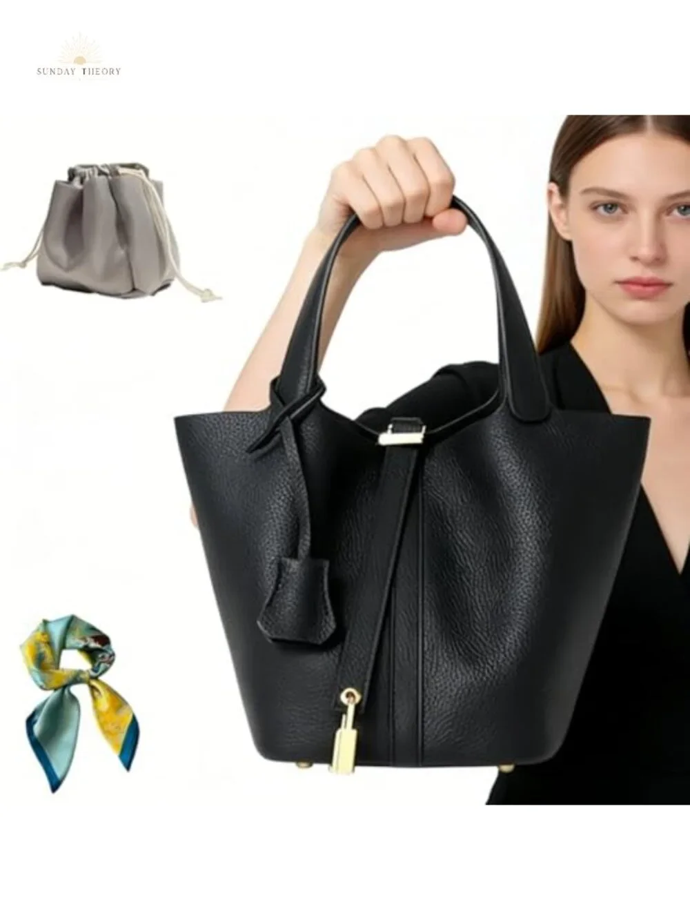 Genuine Leather Bucket Bag Women's Handbag Lock Design Shoulder Tote